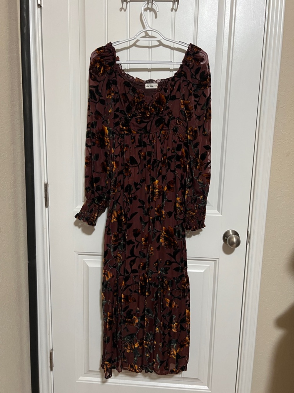 Brown Floral Maxi Dress with Long Sleeves